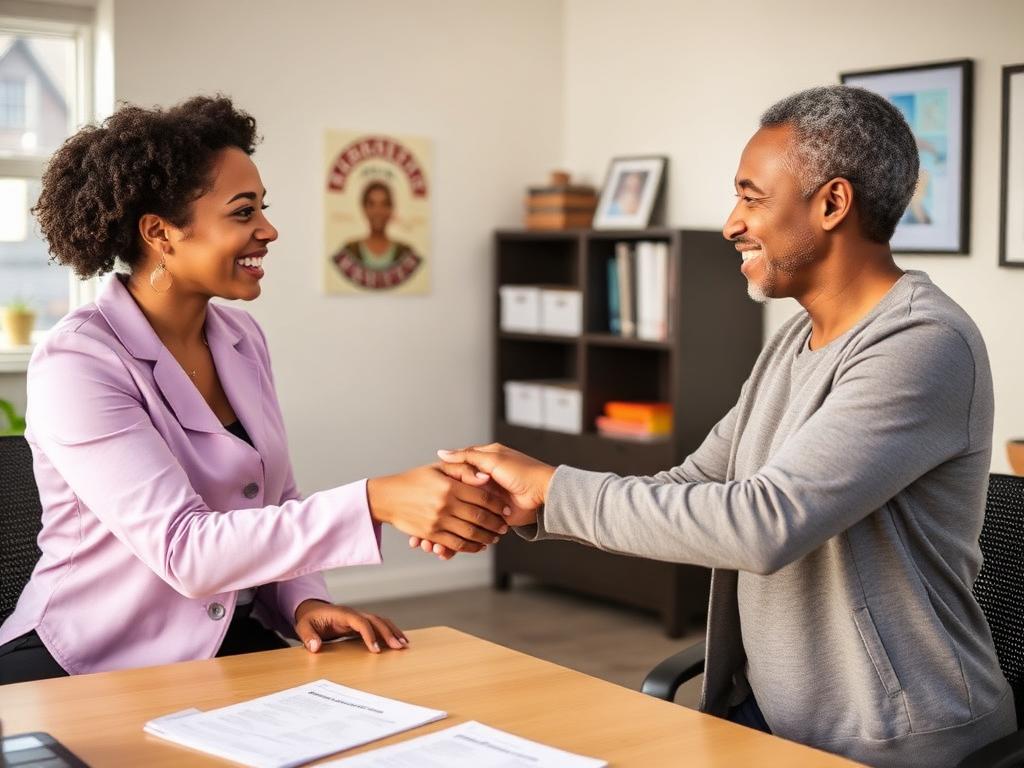 Case manager handing apartment keys to a client after a successful housing placement