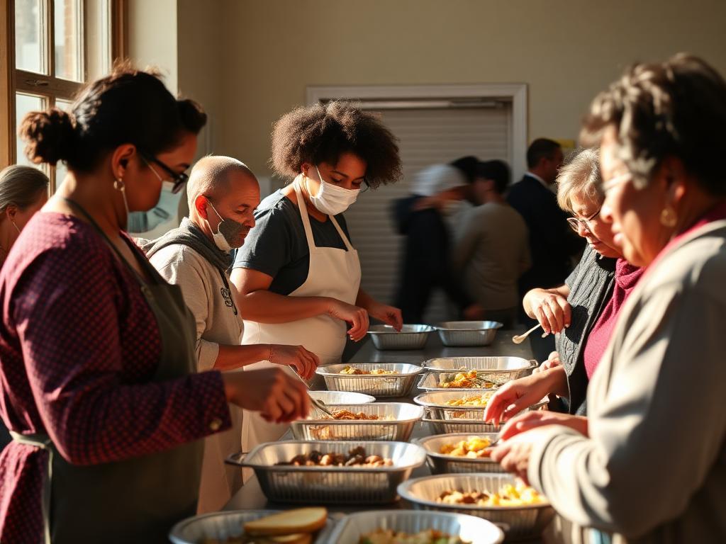 Volunteers serving hot meals to community members at the drop-in center